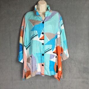Ali Miles Plus 1X Linen Top Abstract Geometric Button Shirt Colorful Summer